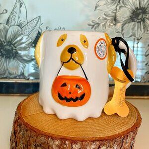 NEW WITH TAGS Winifred & Lily Halloween Ghost Dog Holding Pumpkin Mug